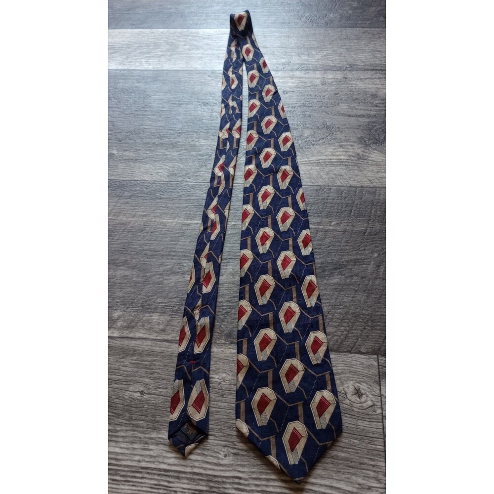 Cont de Milano Tie  Blue & Red Gold Geometric Pattern 100% Silk Printed In Italy